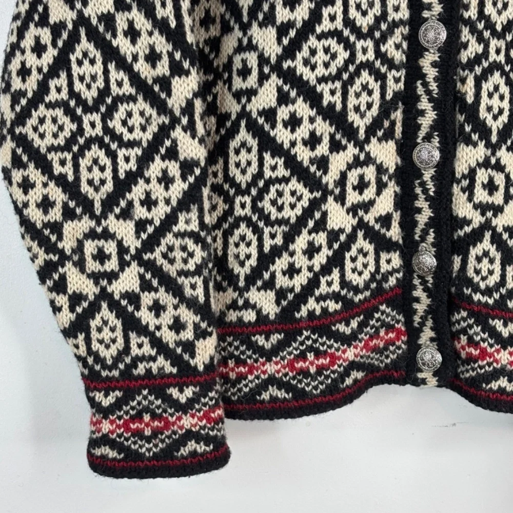 VTG LL Bean Wool Fair Isle Cardigan S Nordic Black Cream Red Cottage Made in USA